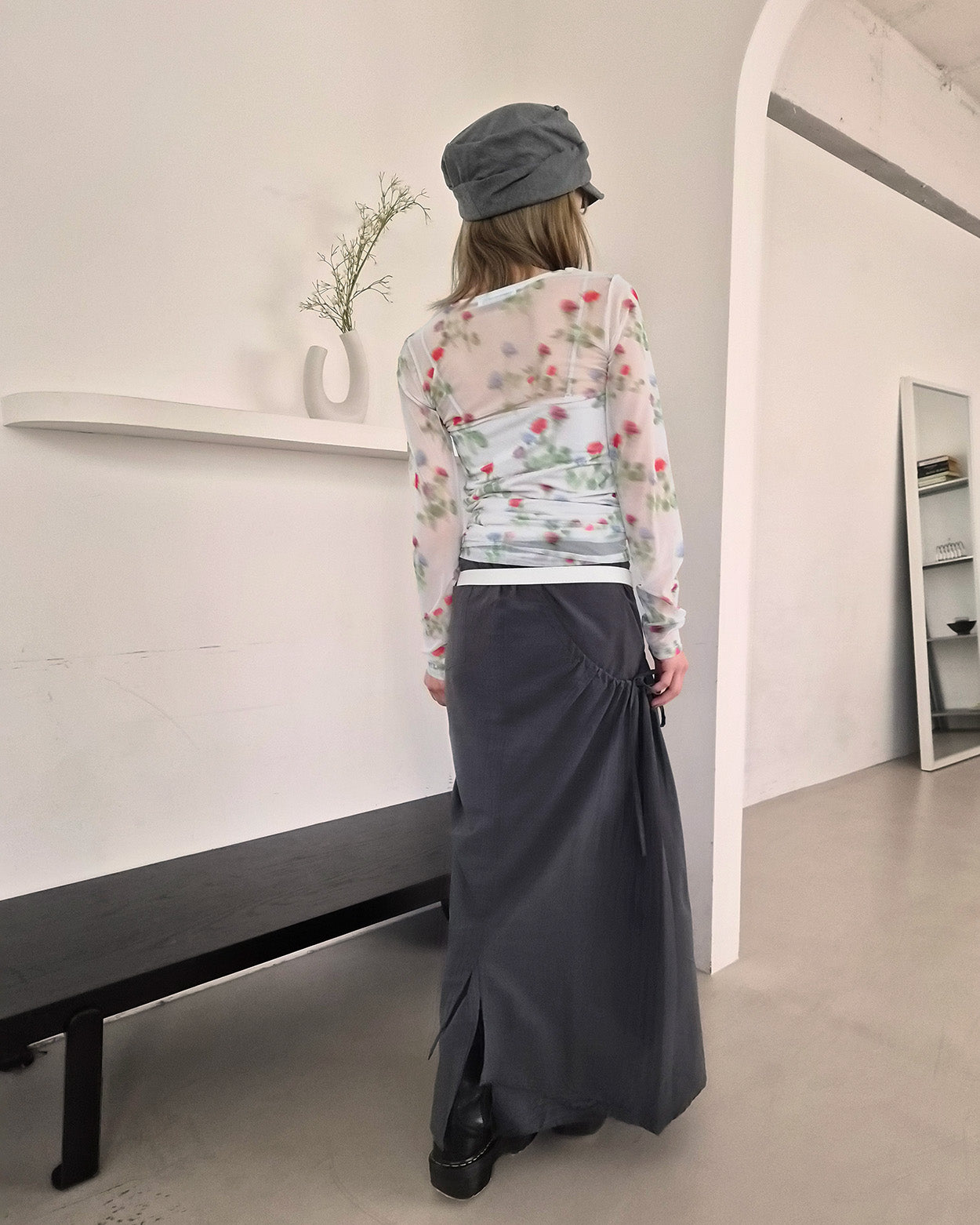 blurred flower sheer long sleeve T