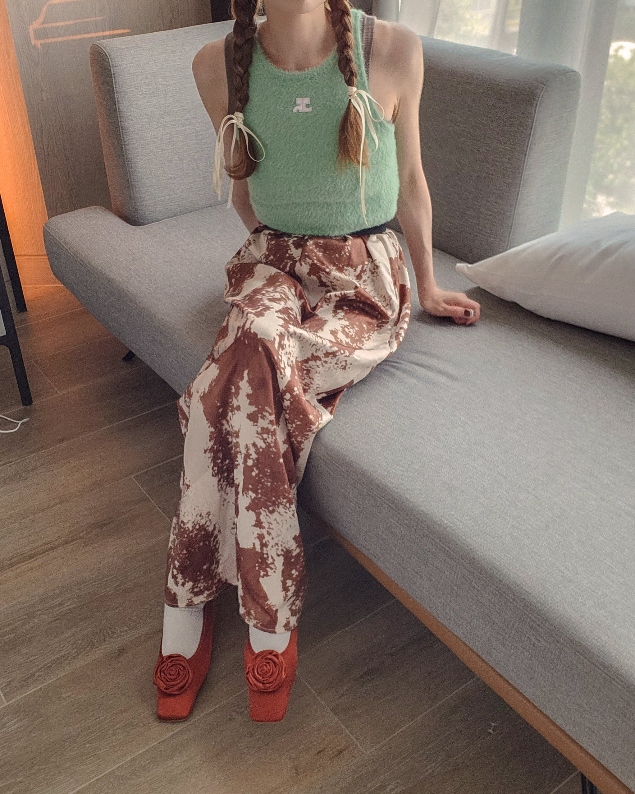 rose satin square flat shoes