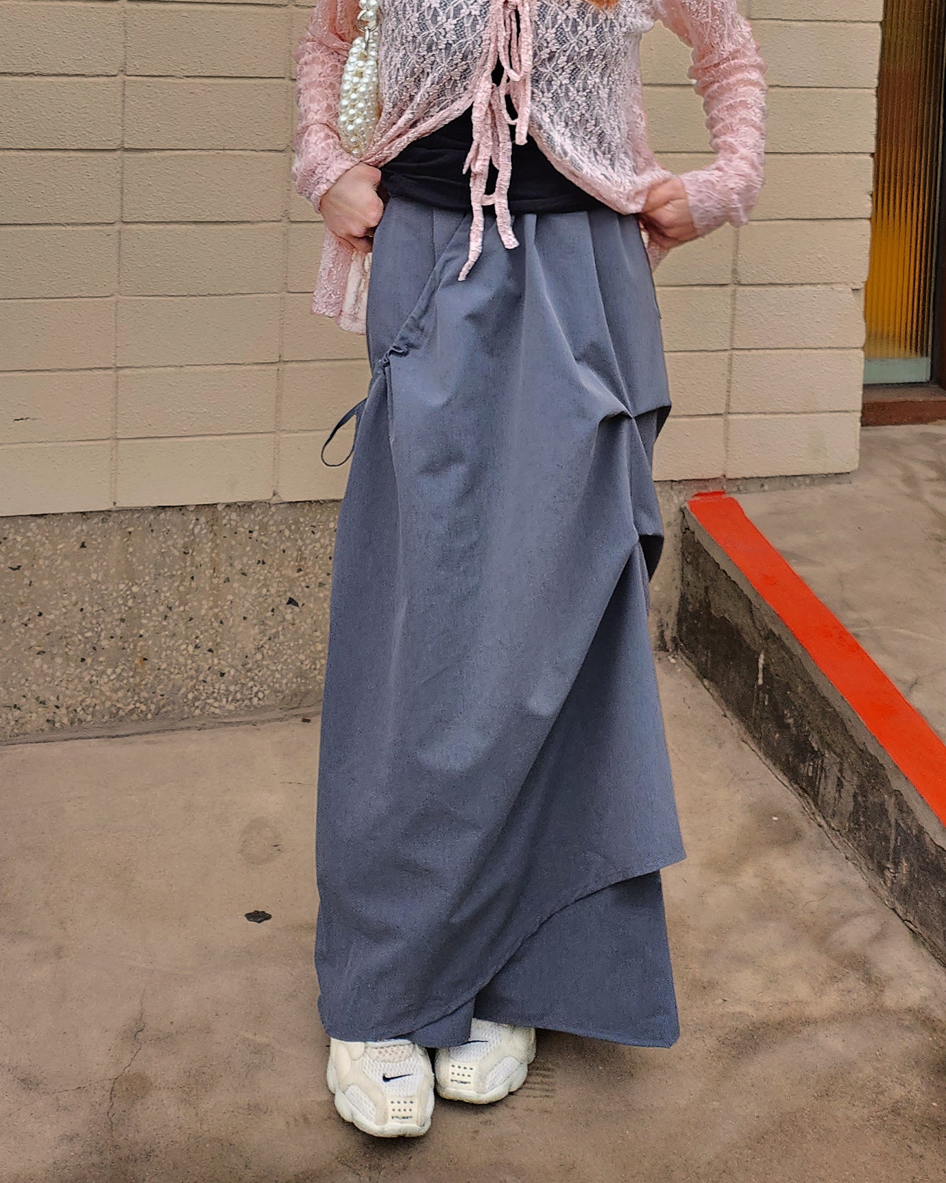 unbalanced shirring ribbon skirt