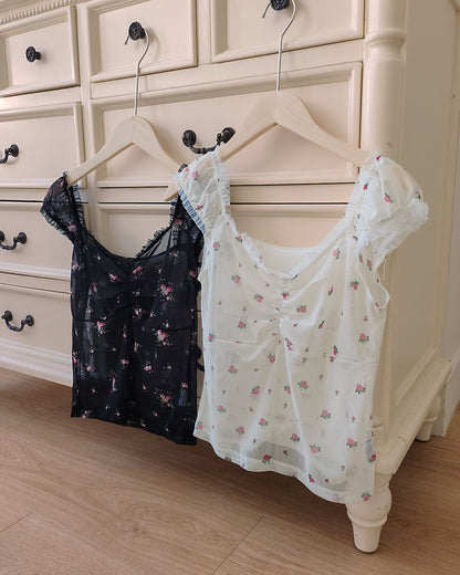 flower sheer puff blouse