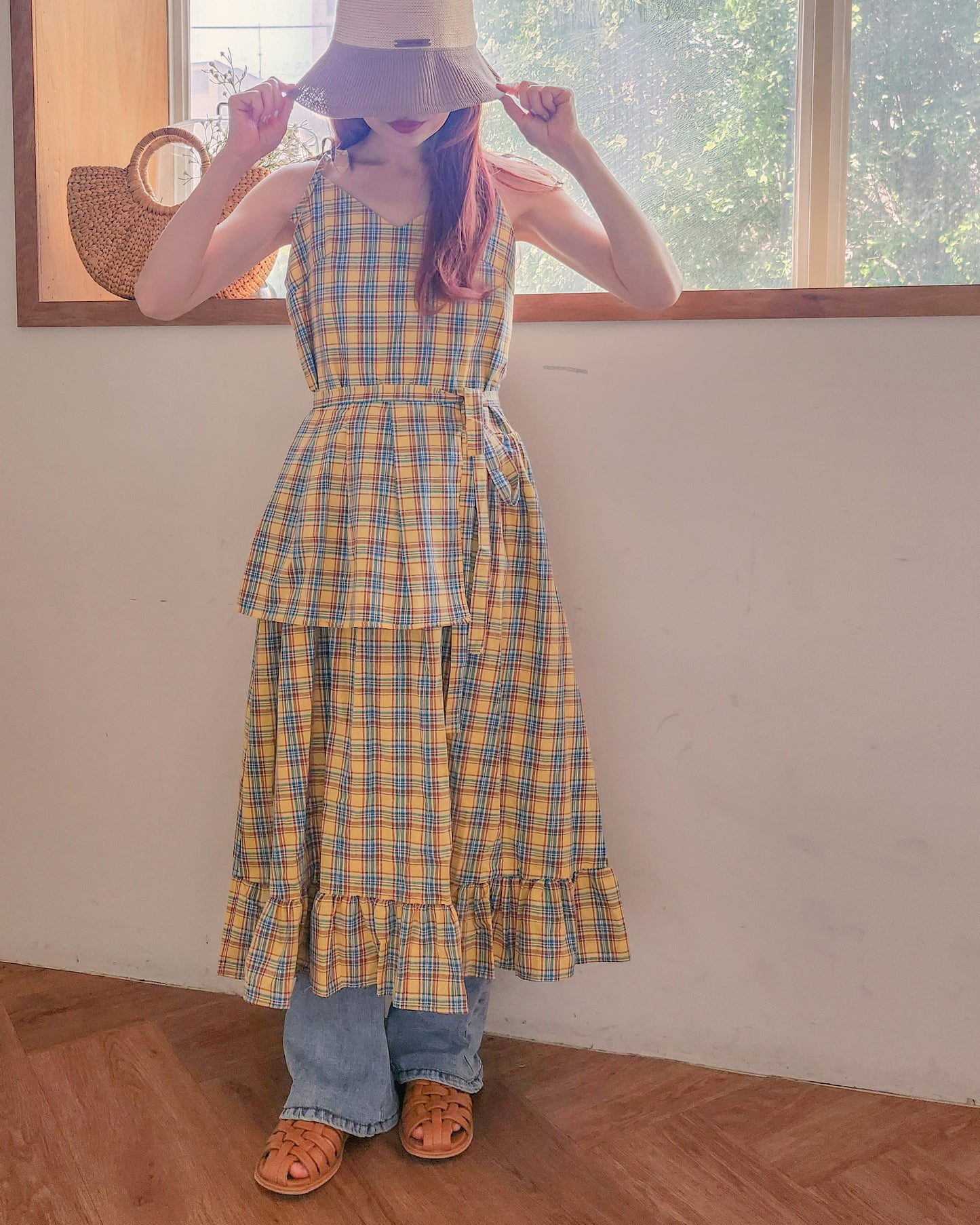 check frill belt long dress