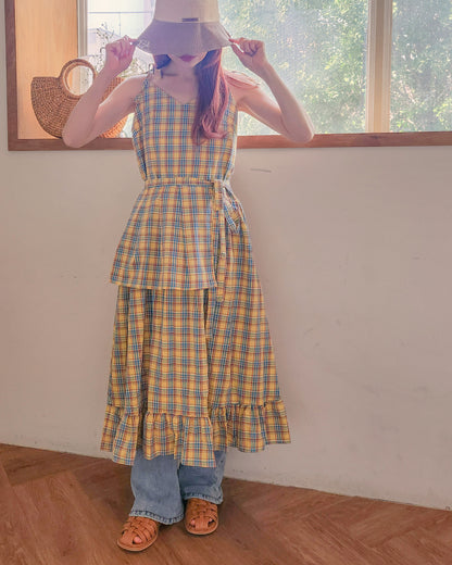 check frill belt long dress