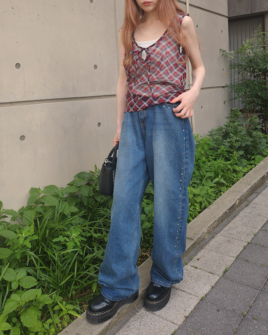 sheer check sleeve less top