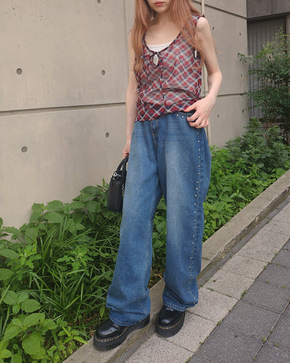 sheer check sleeve less top