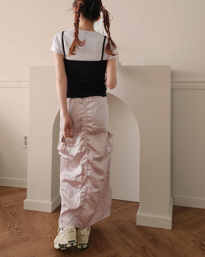 satin shirring cargo skirt