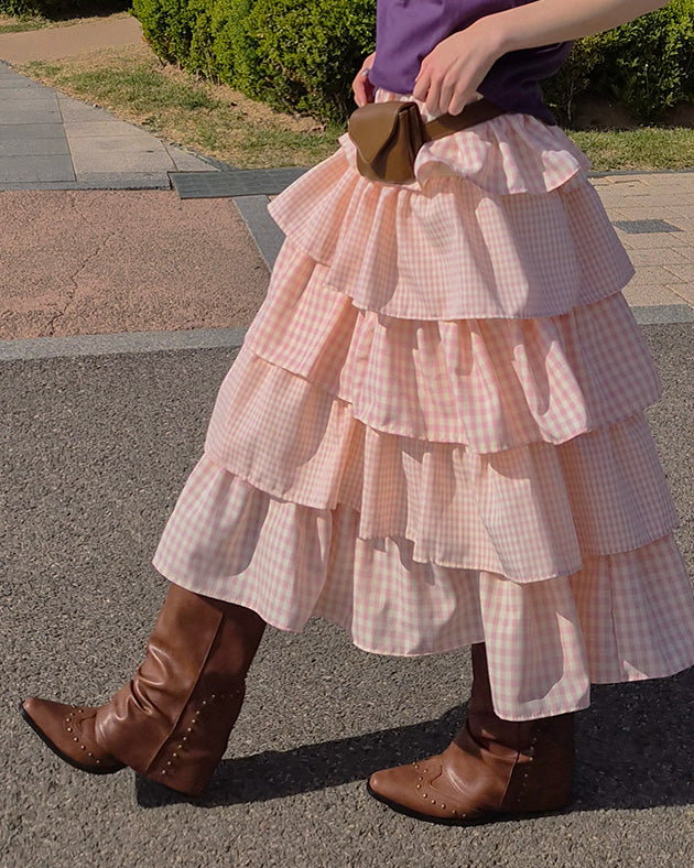 gingham check tiered skirt
