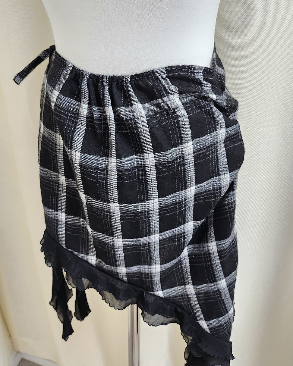 unbalanced check layered wrap skirt