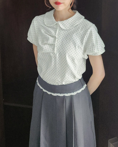 dot puff sleeve collar T