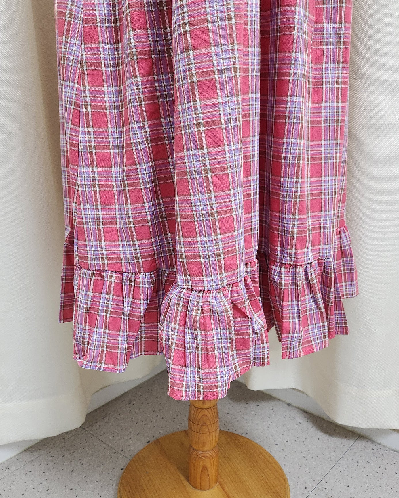 check frill belt long dress