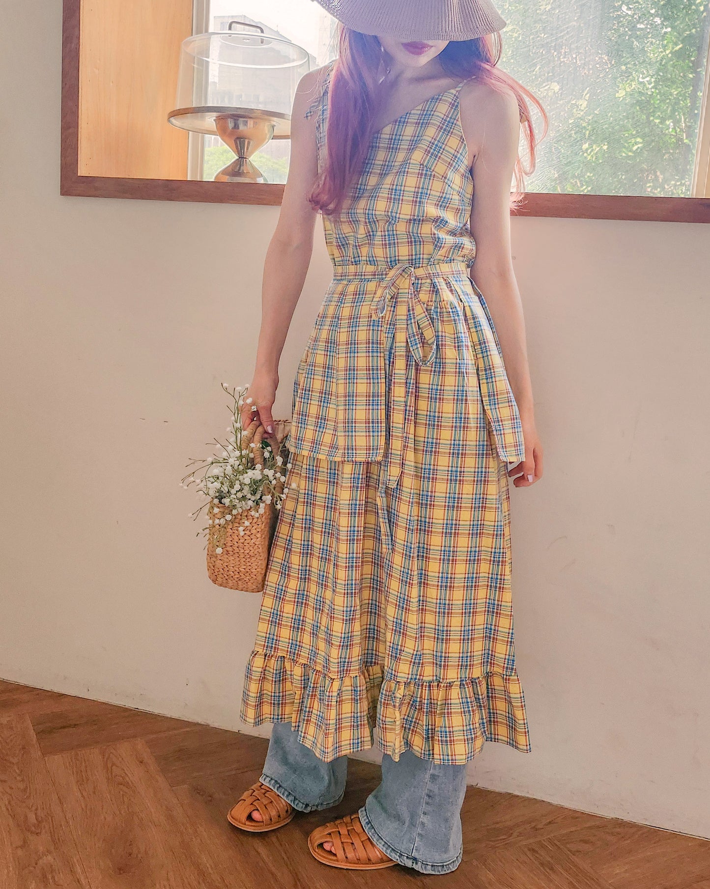 check frill belt long dress