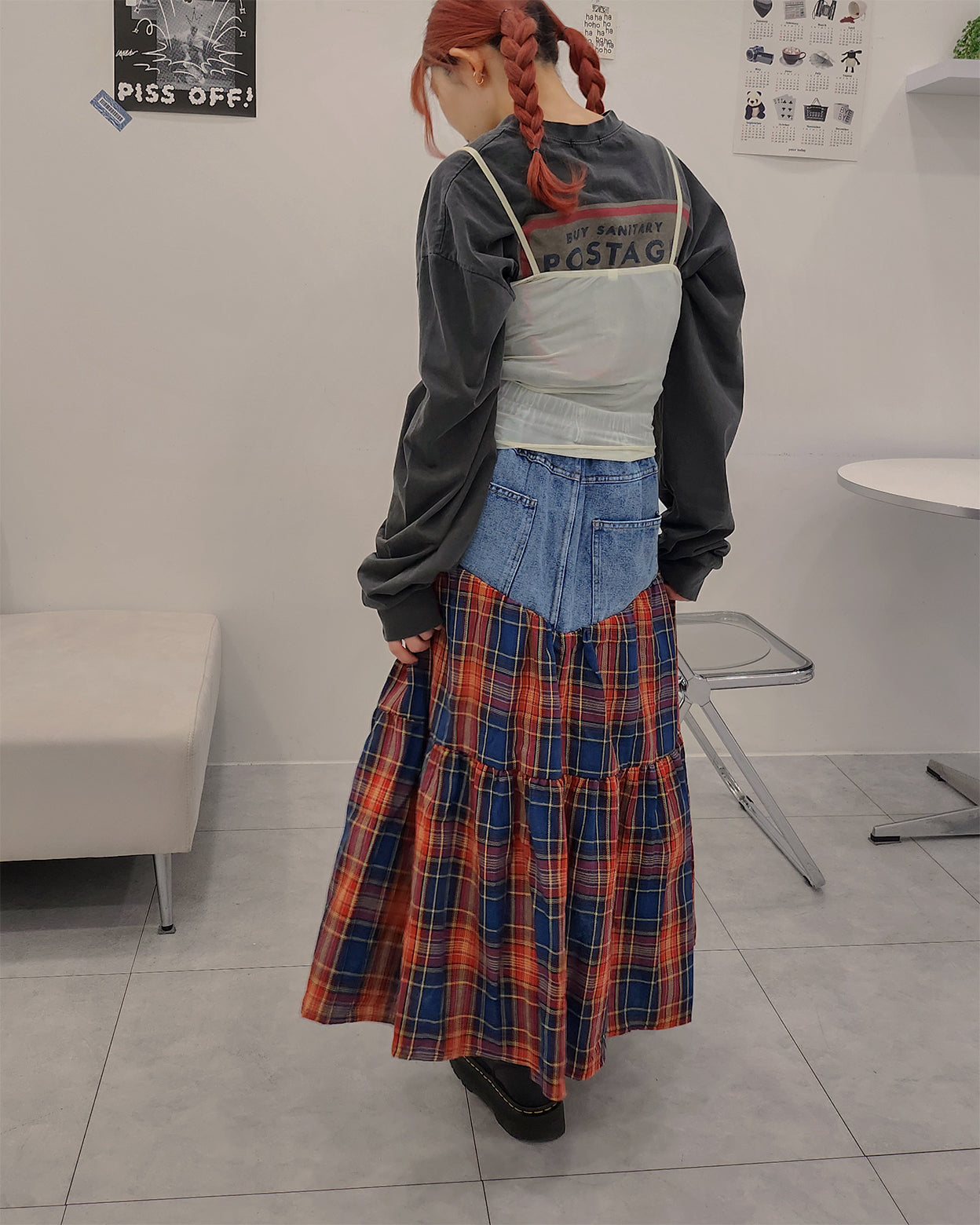 denim switching check skirt