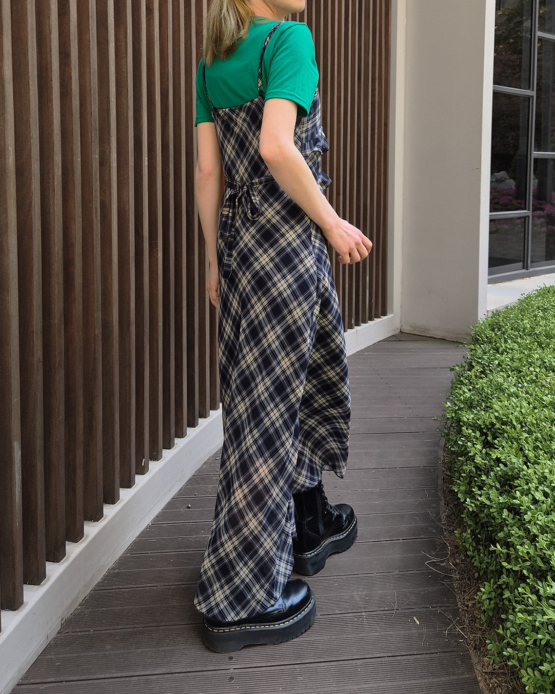 check frill long dress