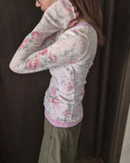 blurred rose V neck long sleeve top