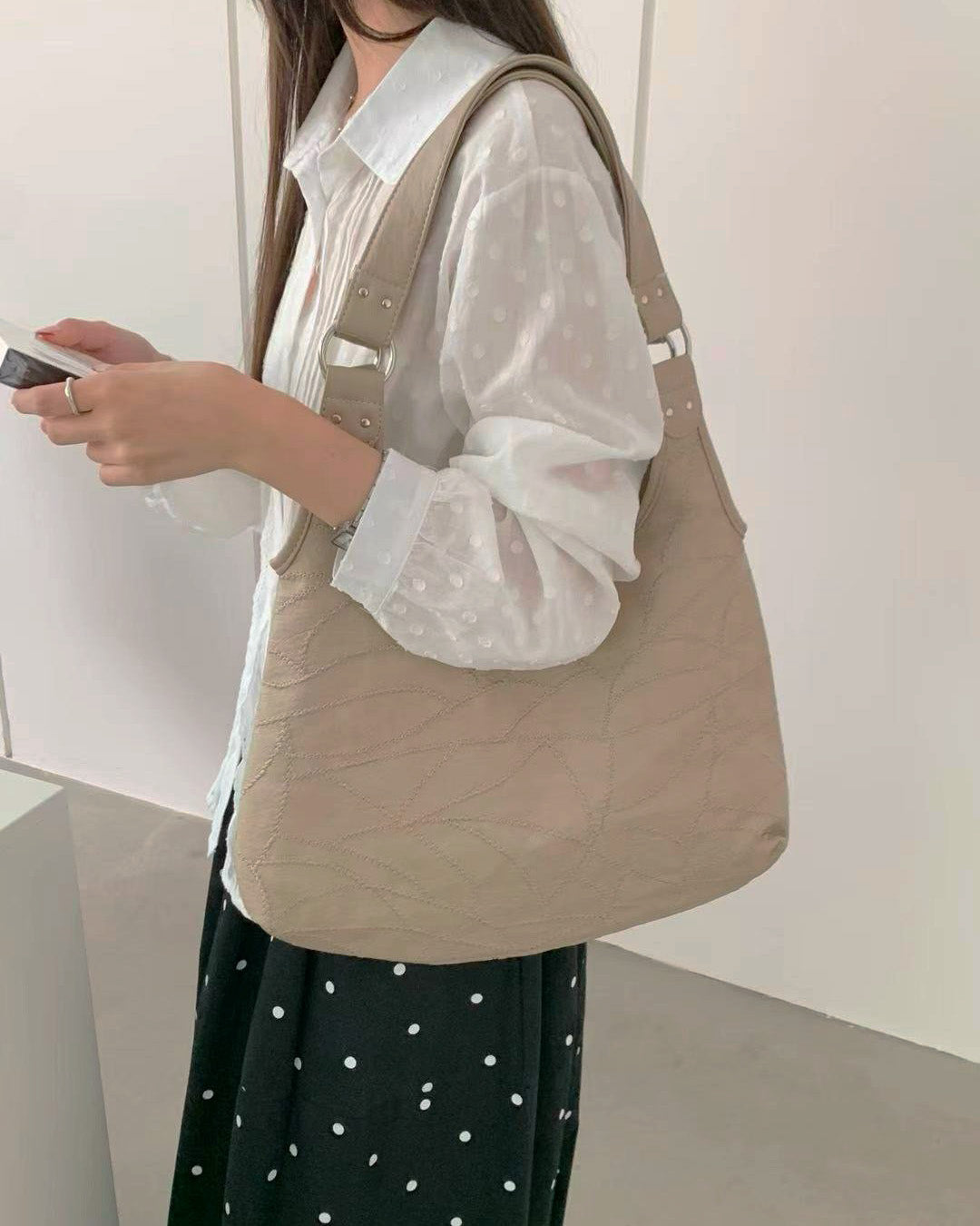 stitch pattern faux leather shoulder bag
