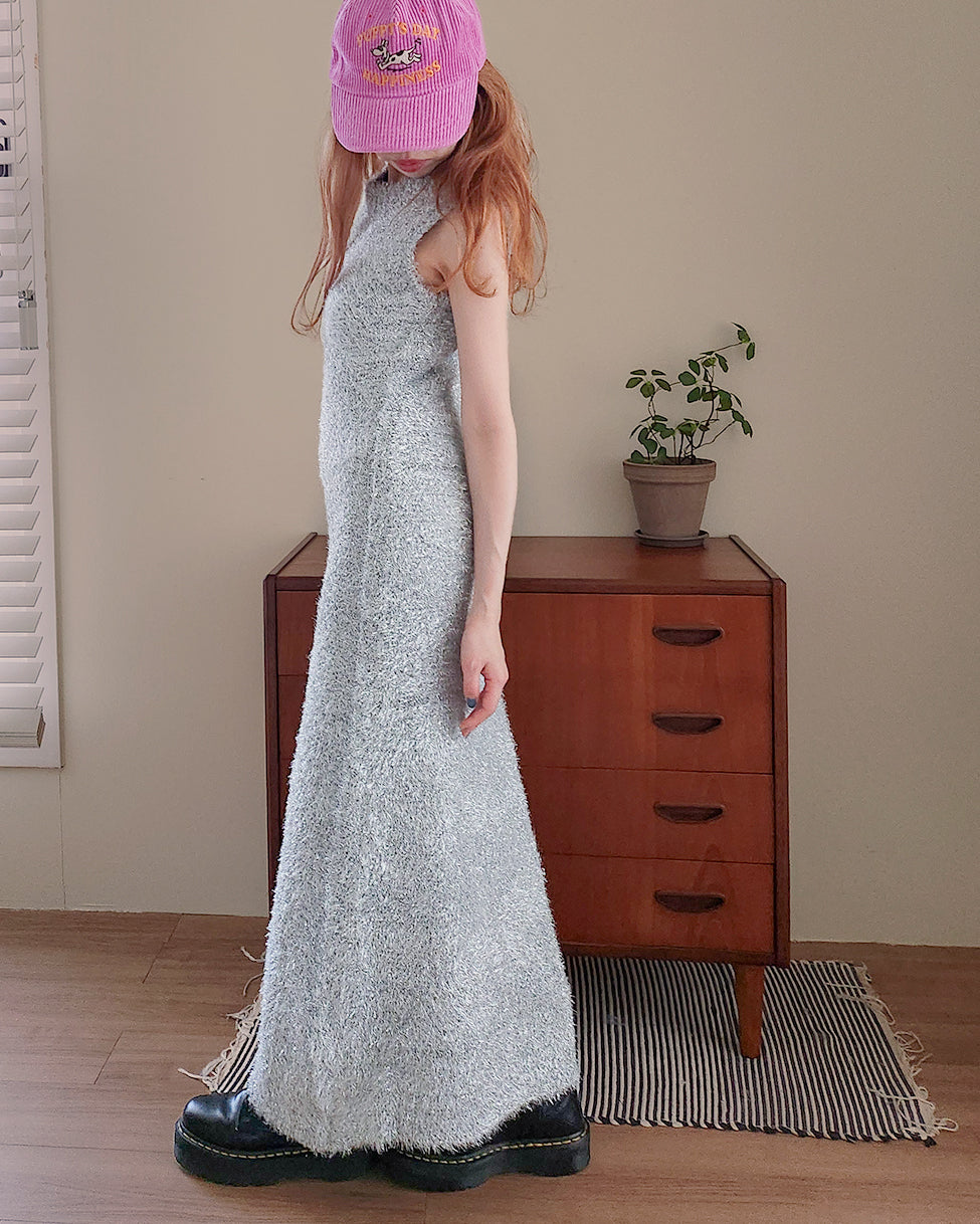 glossy shaggy knit mermaid long dress