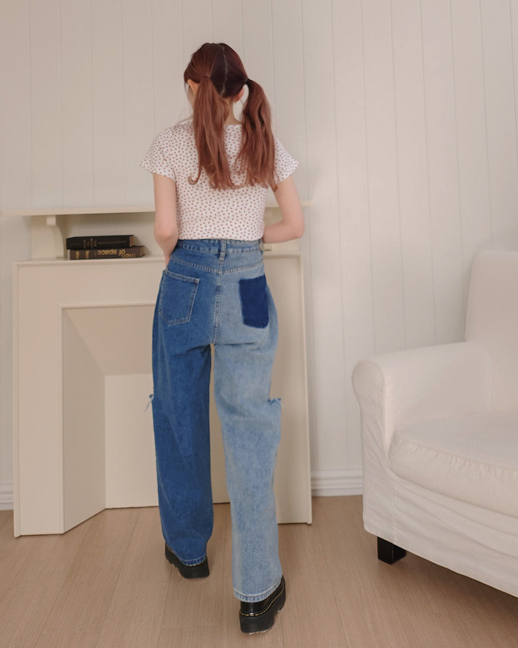 side ripped switching denim