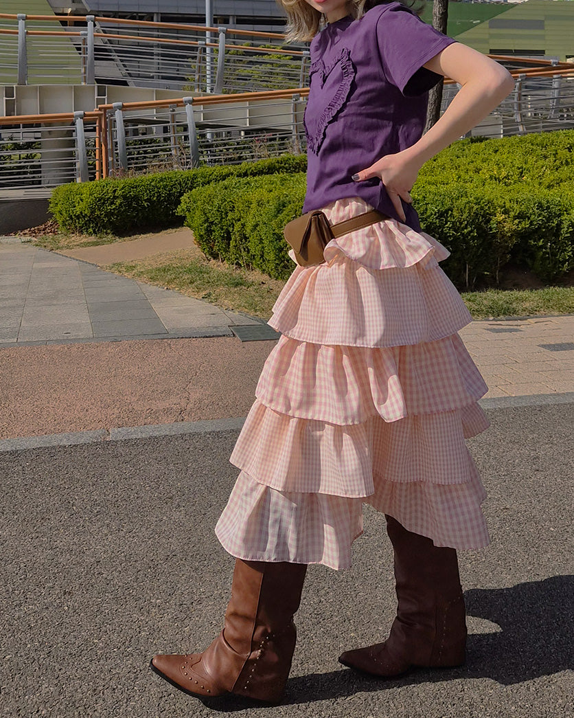 gingham check tiered skirt
