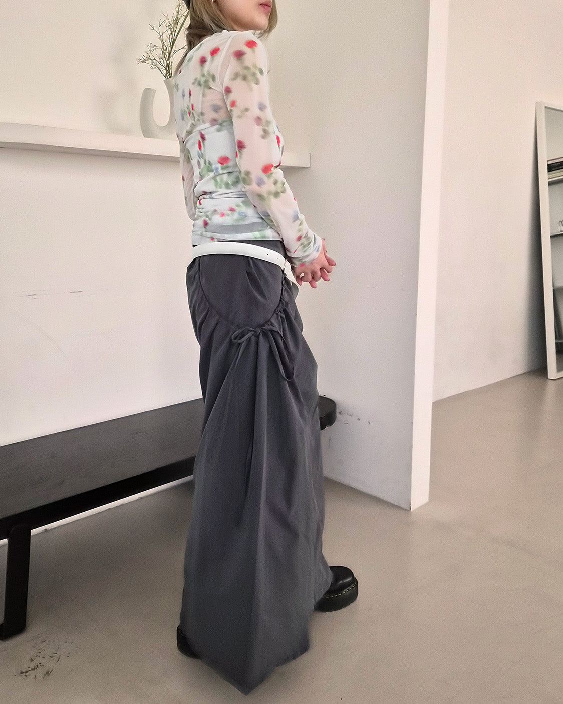 blurred flower sheer long sleeve T