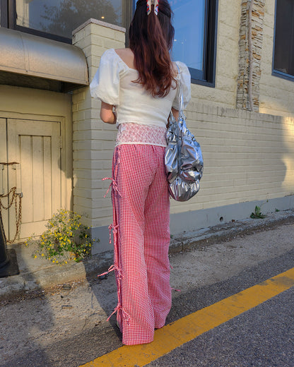 gingham check ribbon pants