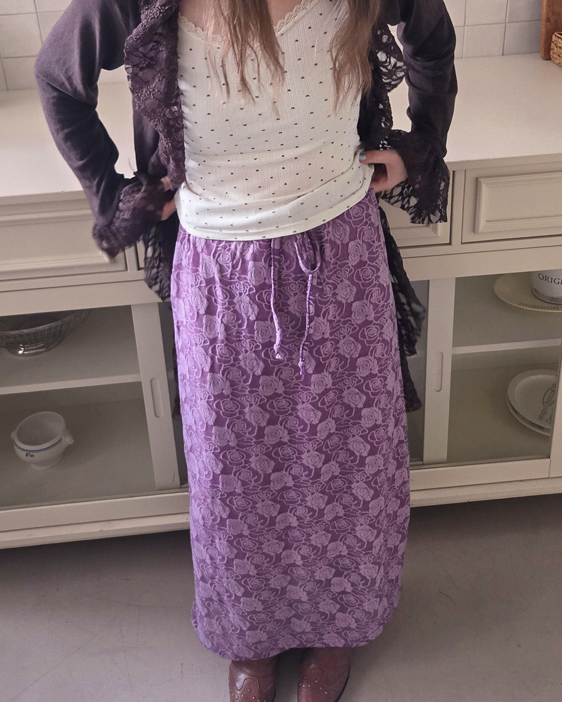 vintage like rose pattern long skirt