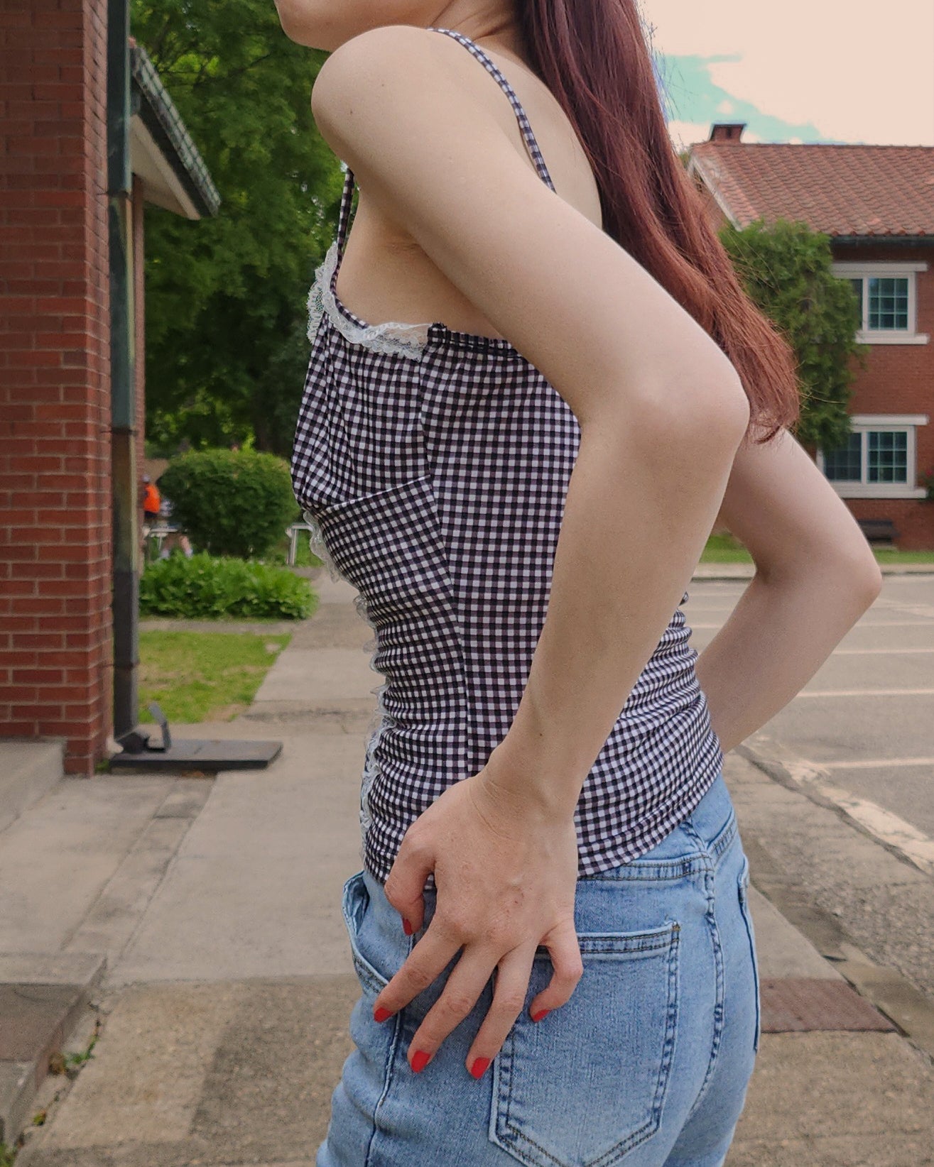 gingham check lace point camisole
