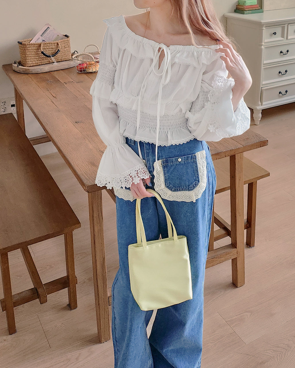 off shoulder shirring flared sleeves blouse