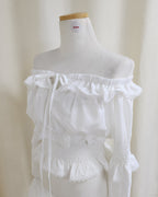 off shoulder shirring flared sleeves blouse