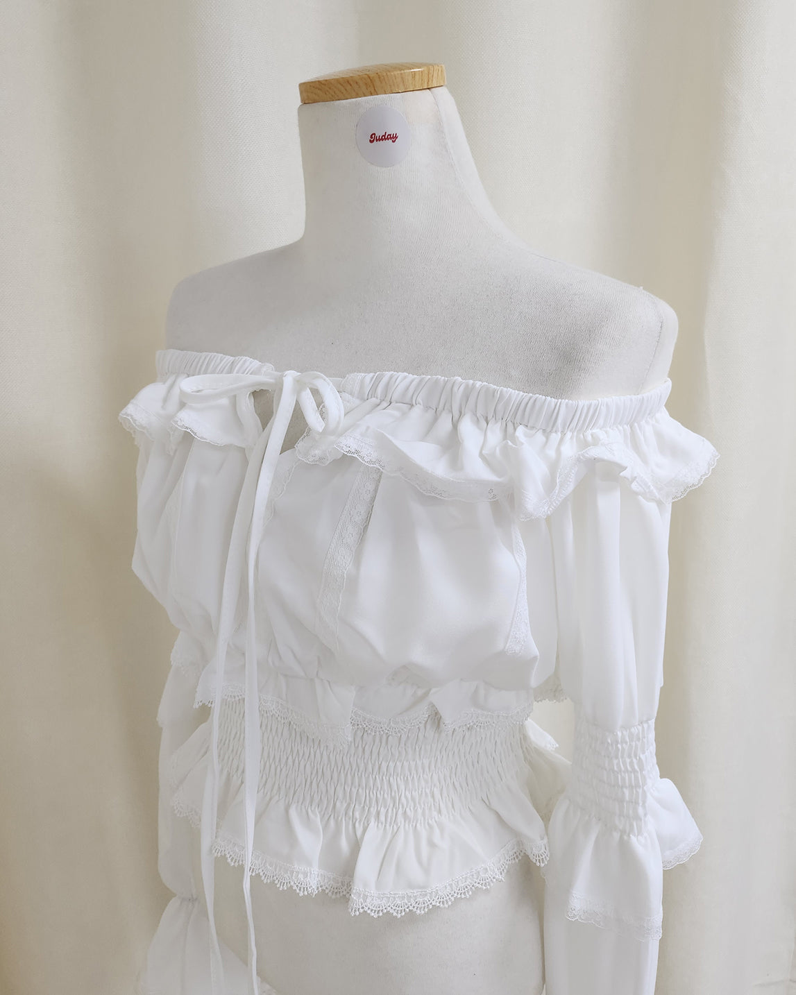 off shoulder shirring flared sleeves blouse