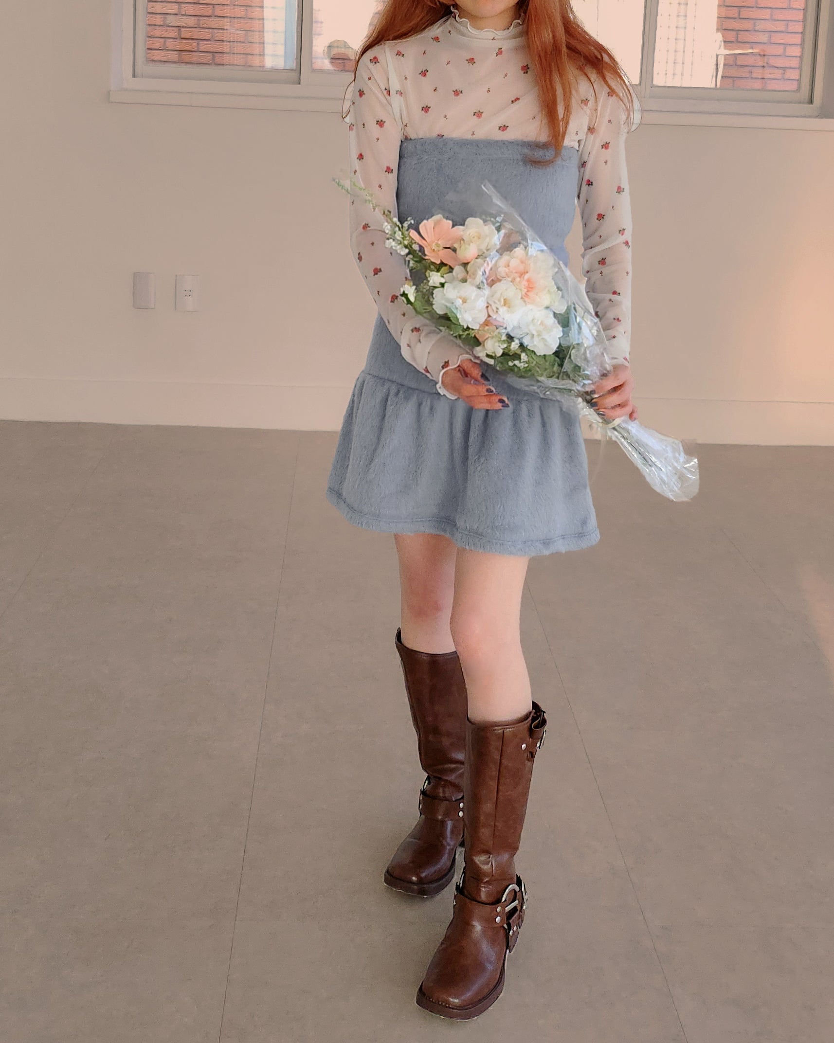 fur back ribbon mini dress