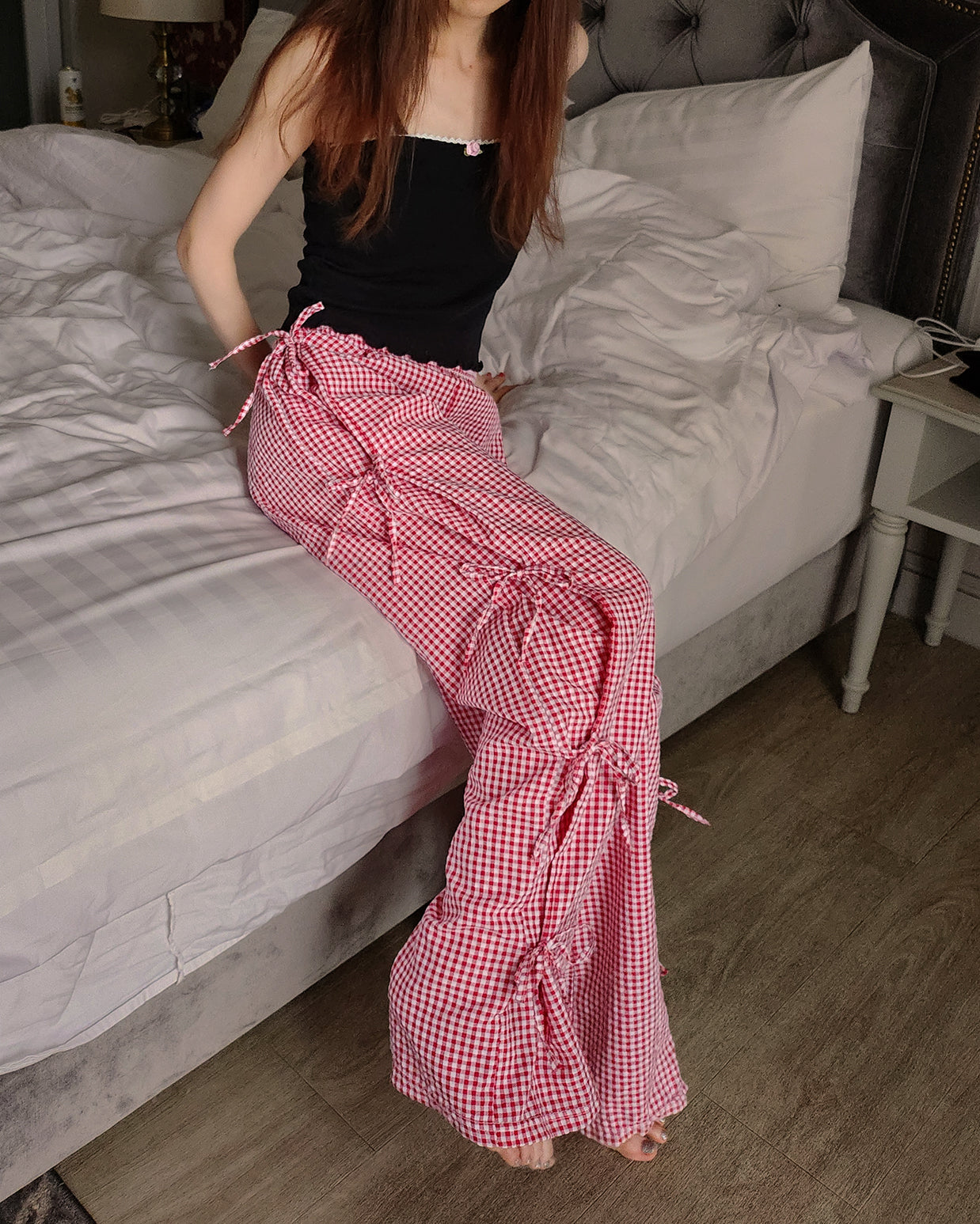 gingham check ribbon pants