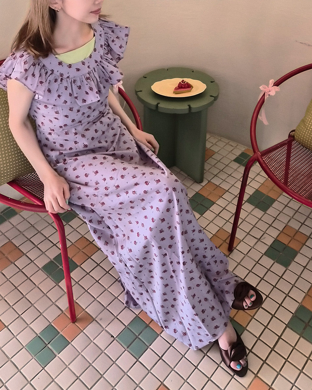 rose pattern frill long dress