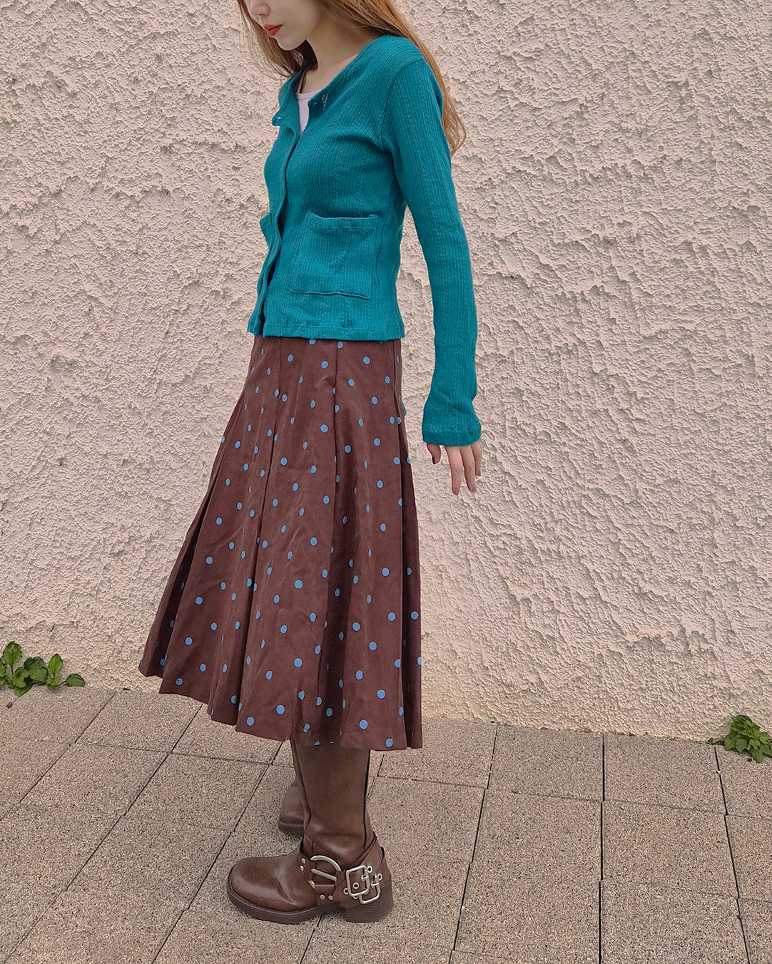 dot pleated midi skirt