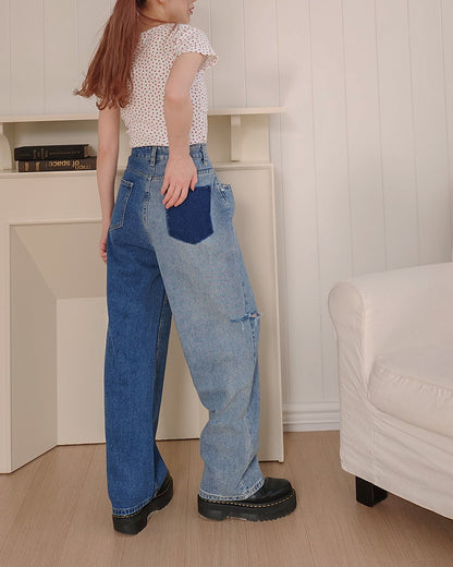 side ripped switching denim