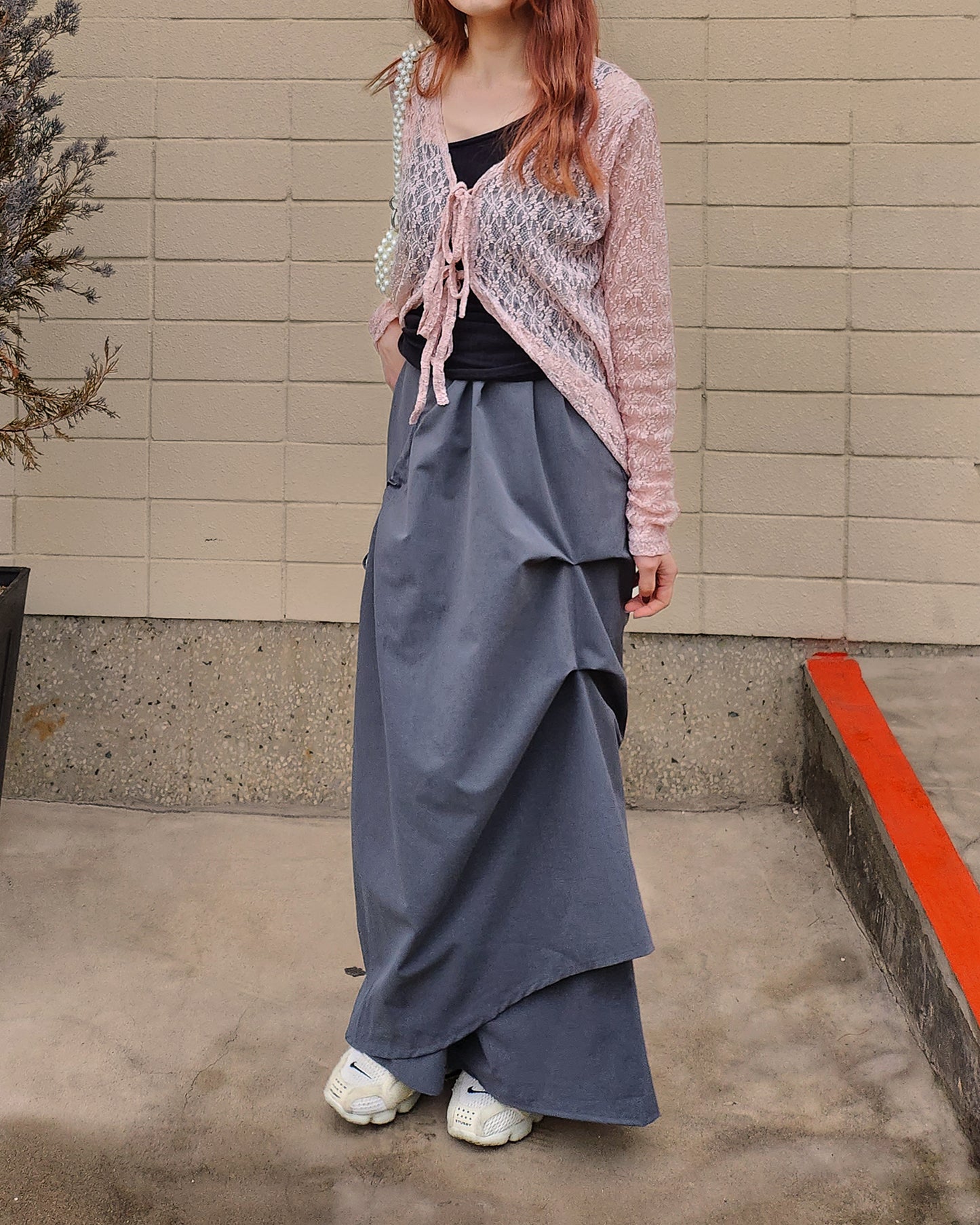 unbalanced shirring ribbon skirt