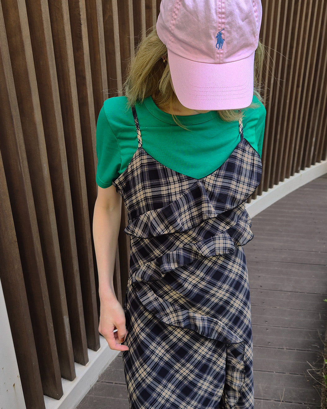 check frill long dress