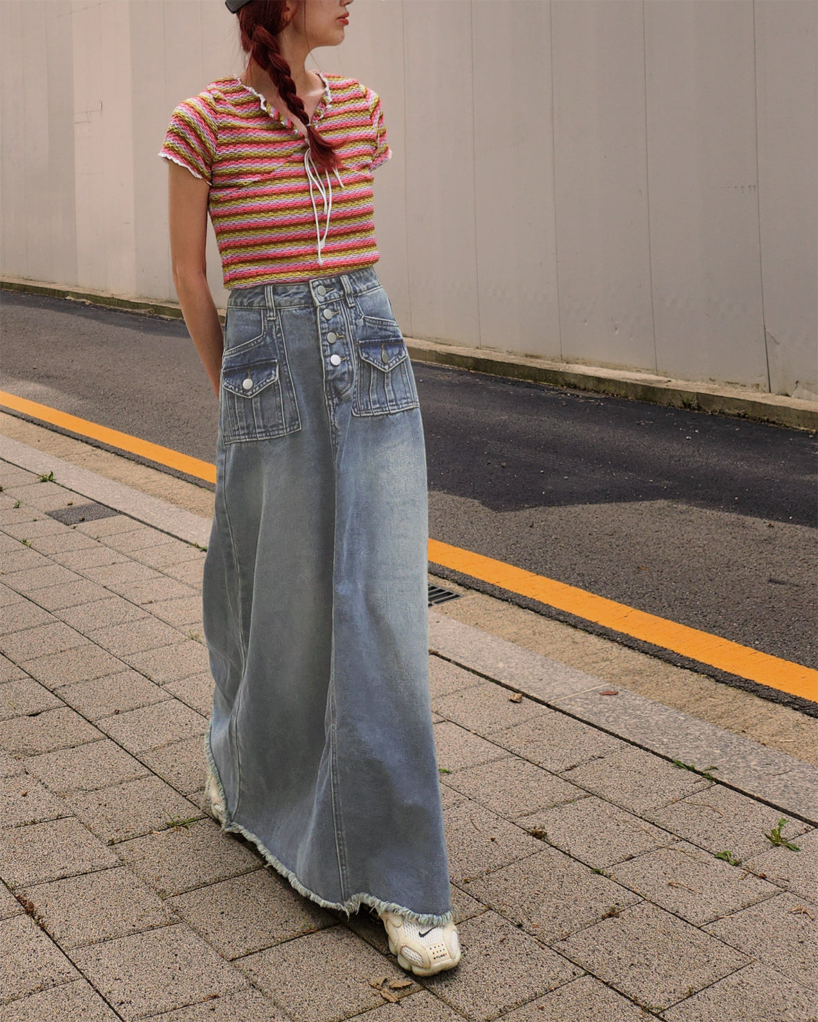 pocket fringe denim long skirt