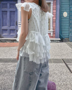 V neck tiered chiffon sleeveless  blouse