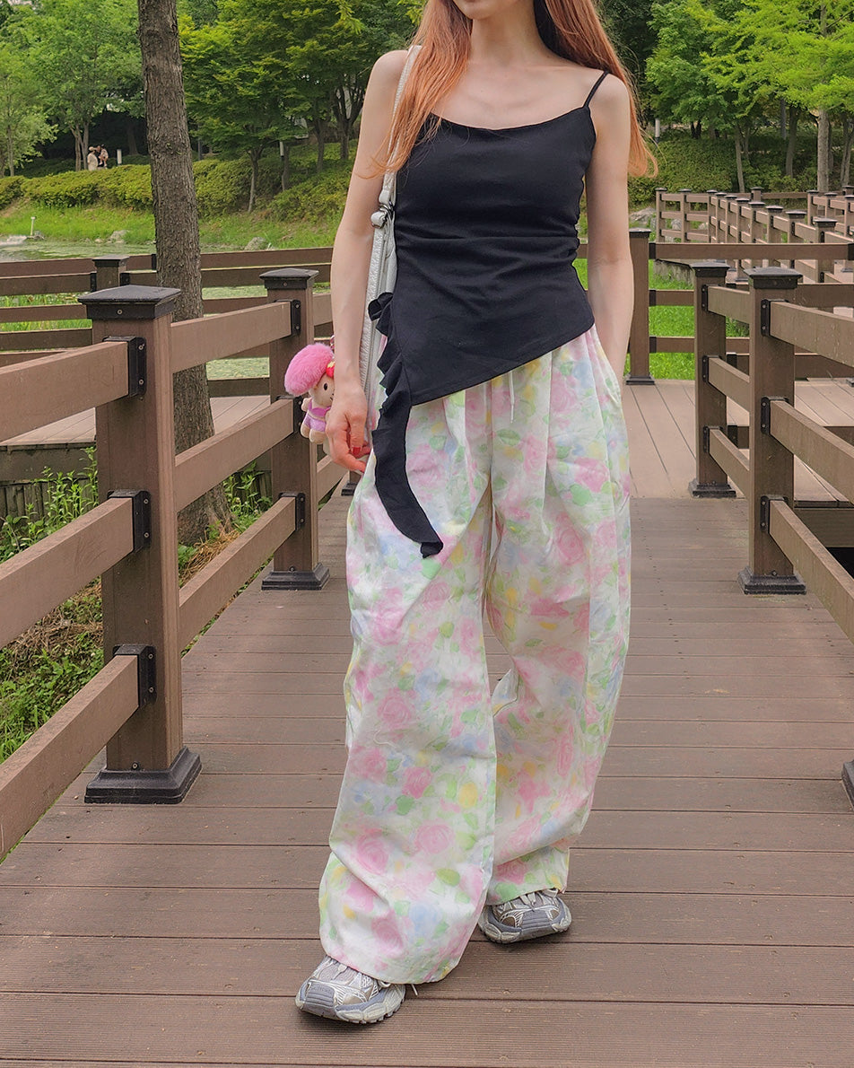 flower cotton tuck wide pants