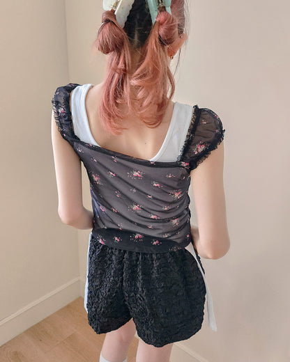 flower sheer puff blouse
