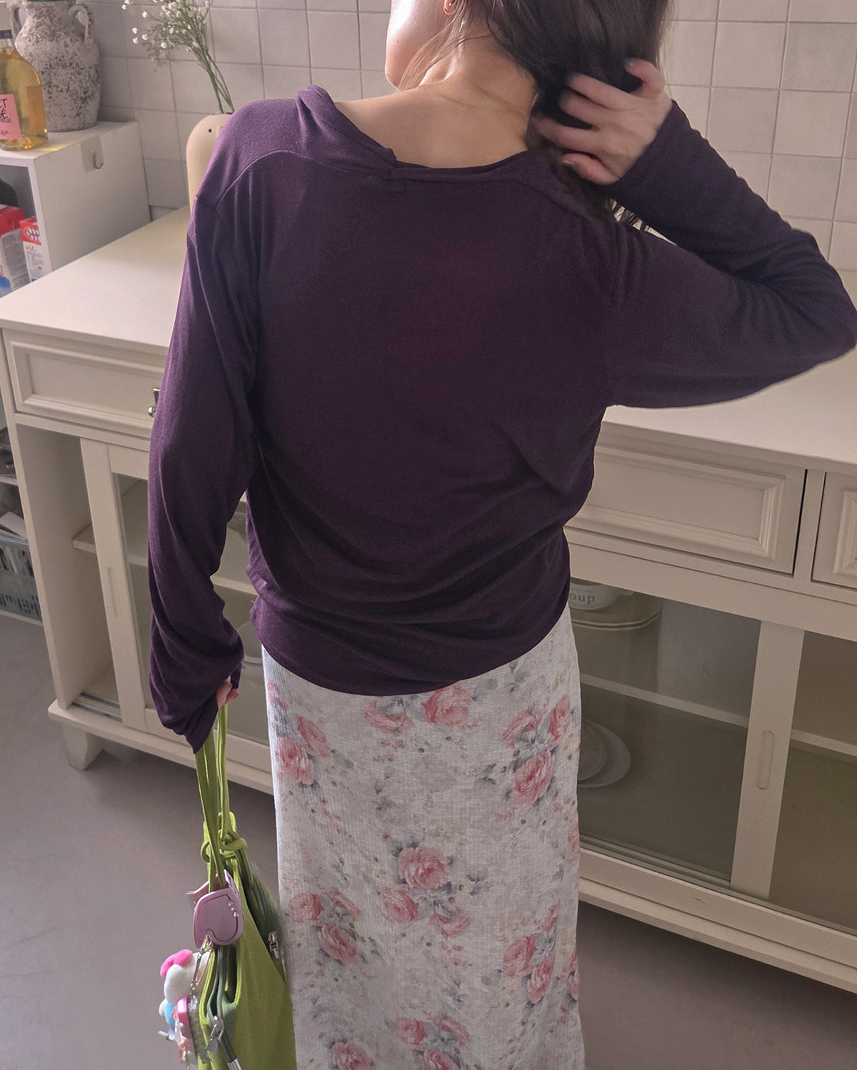 wrap drape neck long sleeve top