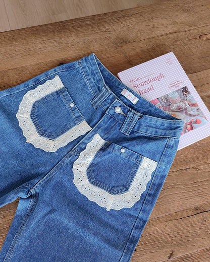 lace pocket flared denim