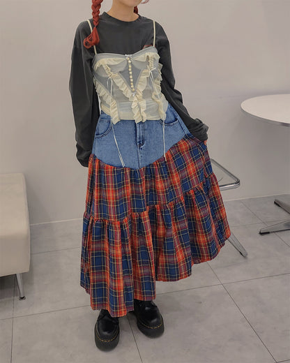 denim switching check skirt