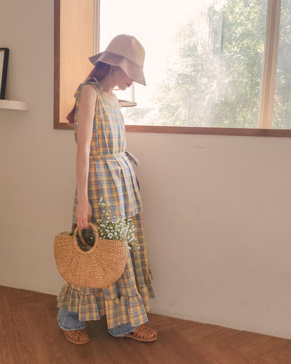 check frill belt long dress