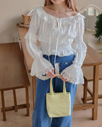 off shoulder shirring flared sleeves blouse