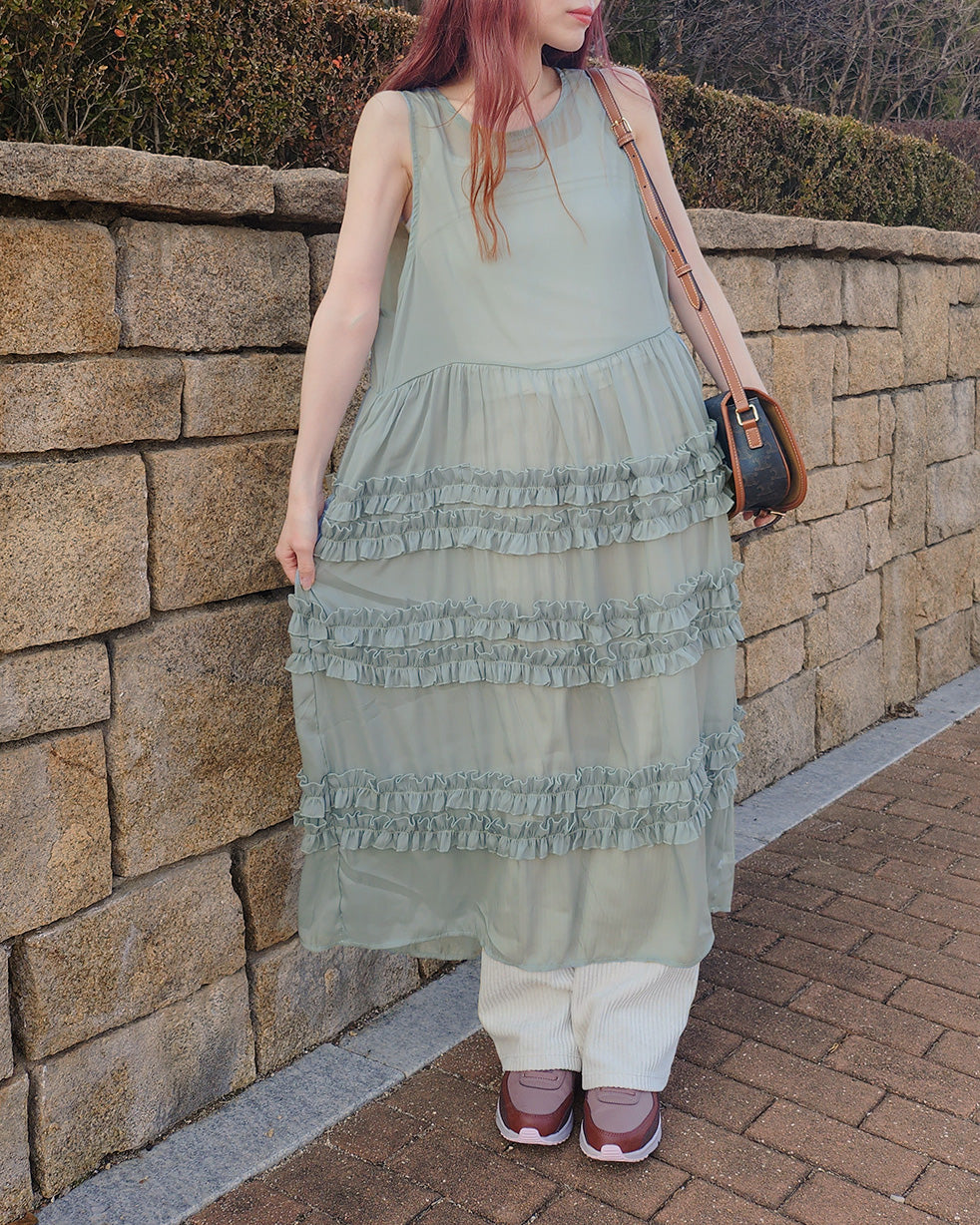 tiered frill sheer long dress