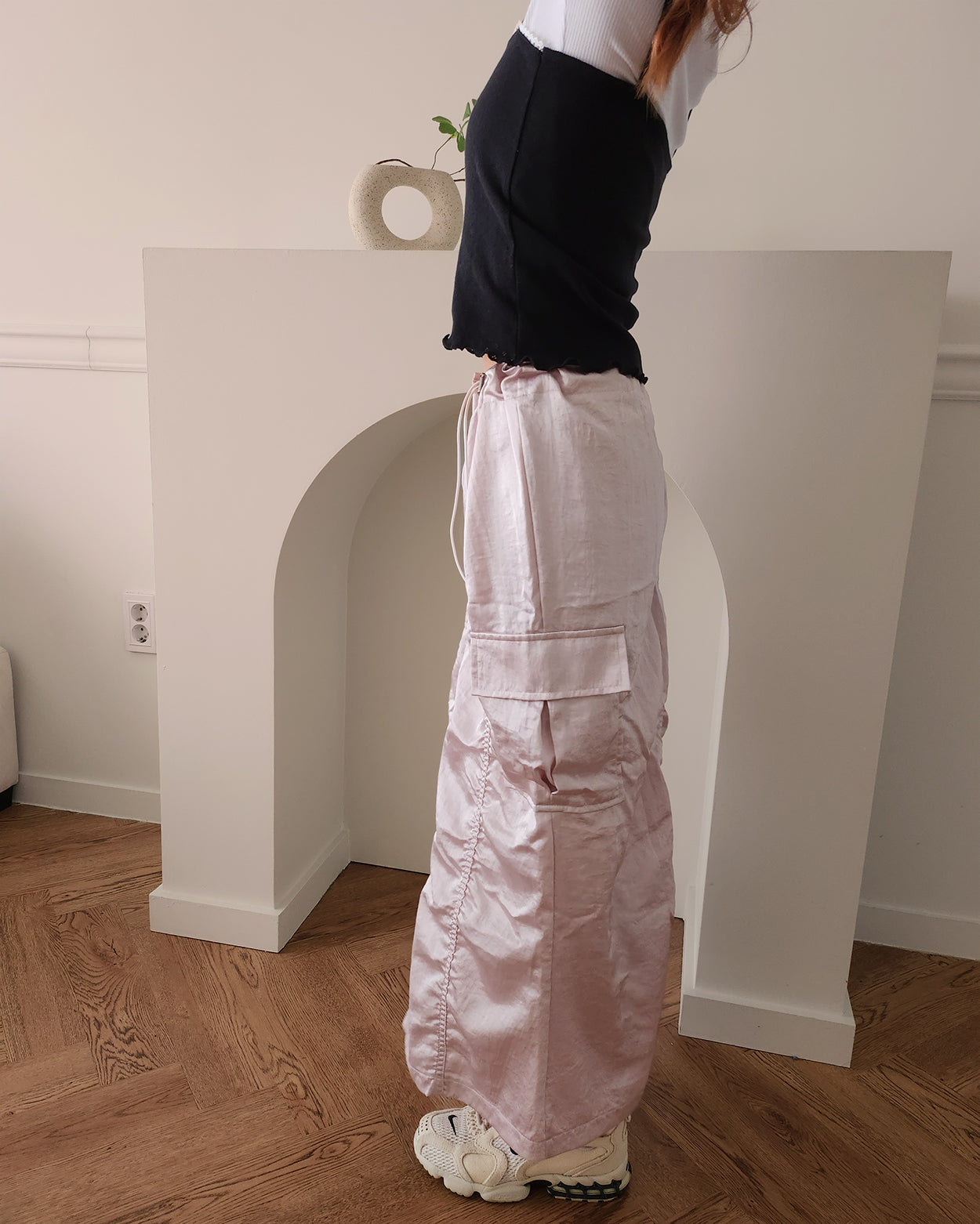 satin shirring cargo skirt