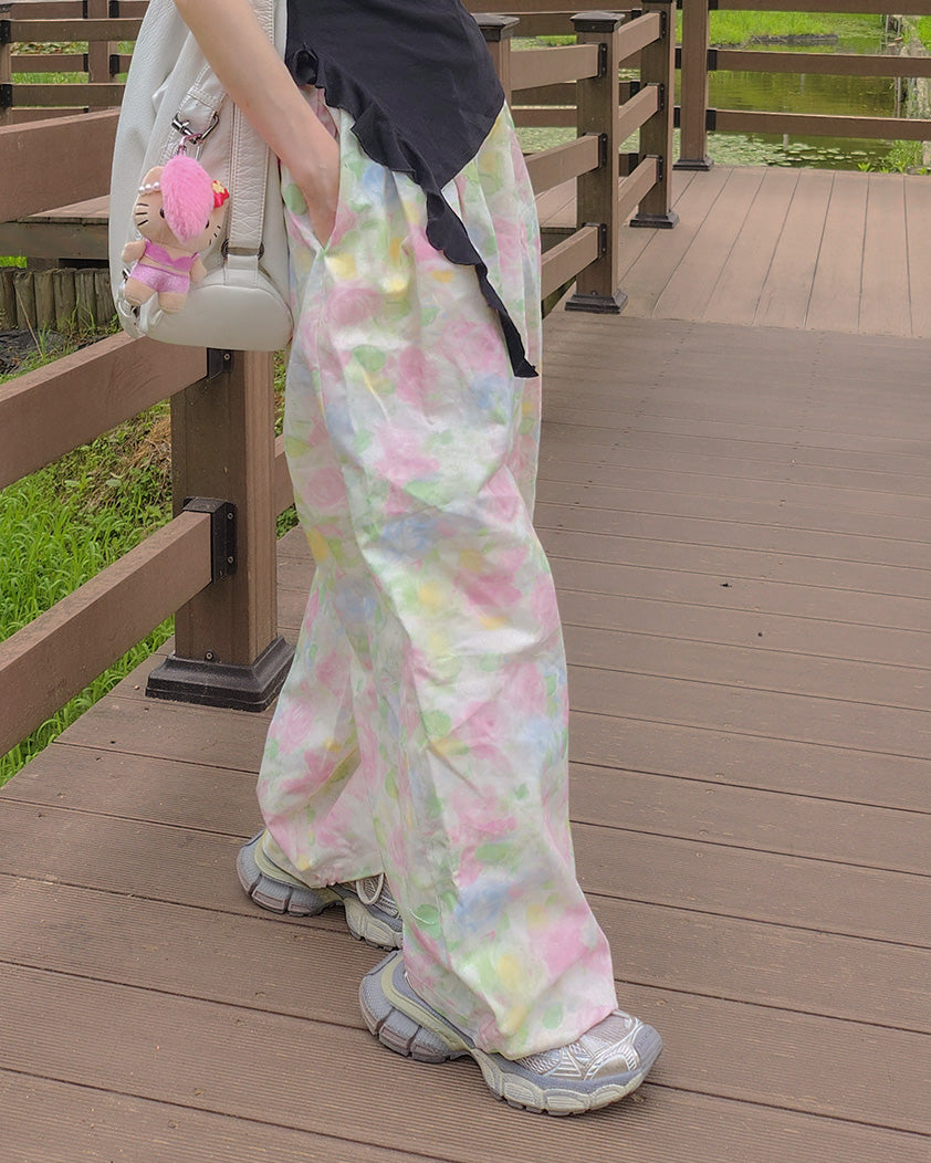 flower cotton tuck wide pants