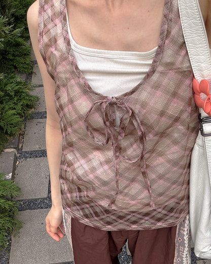 sheer check sleeve less top