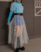 puff sleeve sheer lace long dress