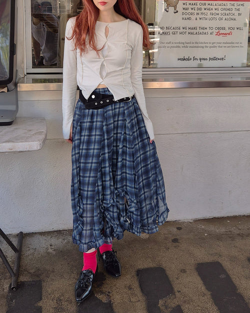 asymmetry check frill skirt